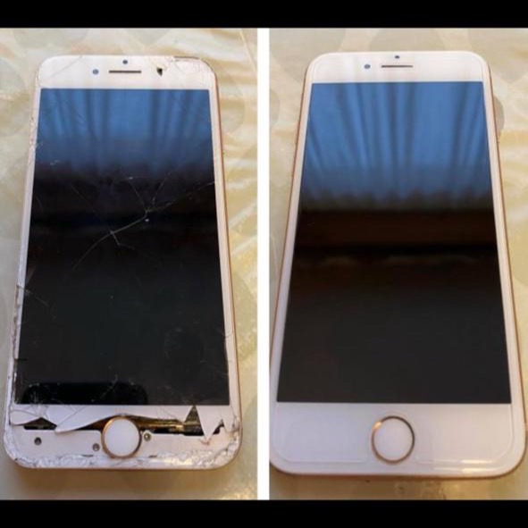 iPhone 8 Plus screen replacement before and after — shattered glass replaced