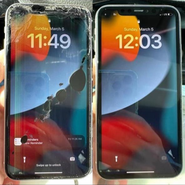 iPhone screen replacement before and after — cracked display replaced and tested